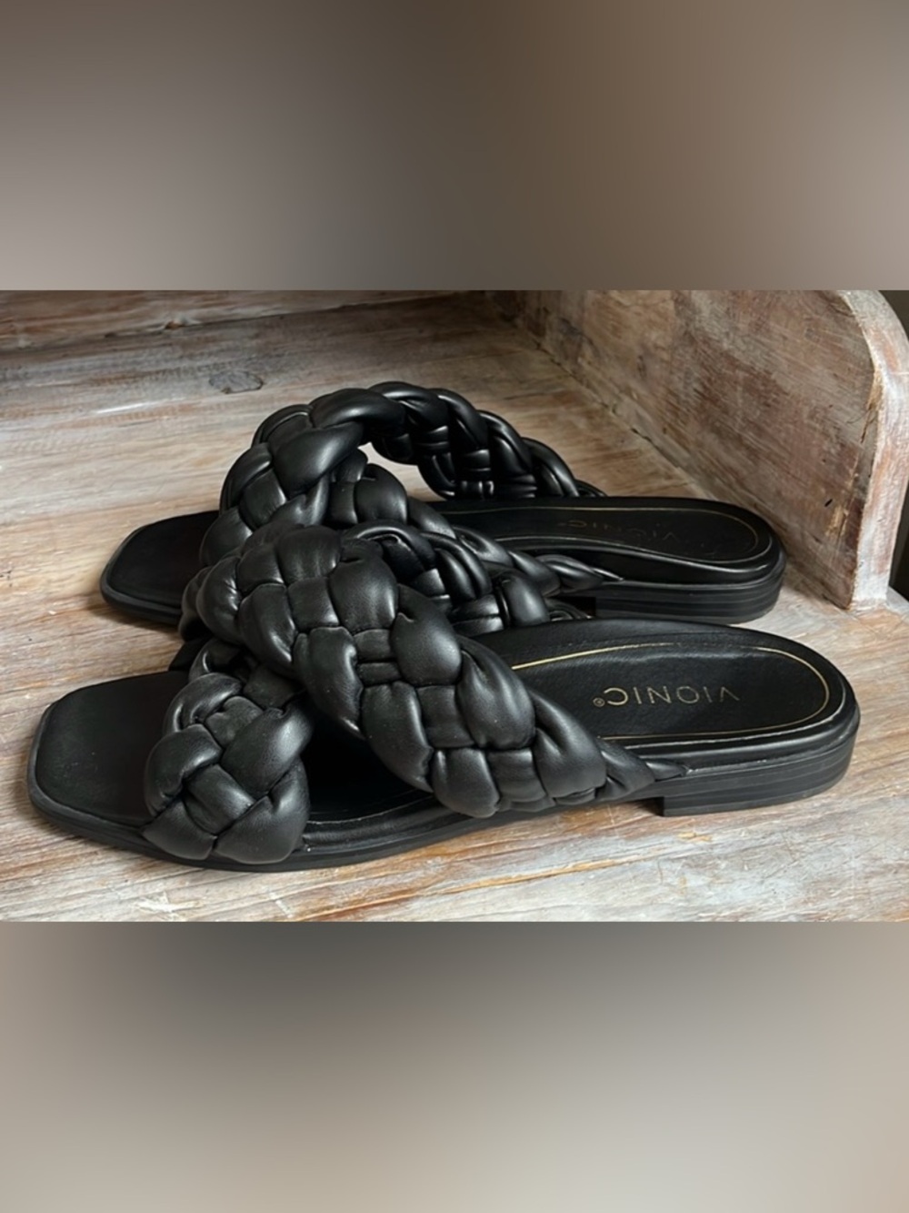 Vionic Kalina Black Braided Slide Sandals SZ 10